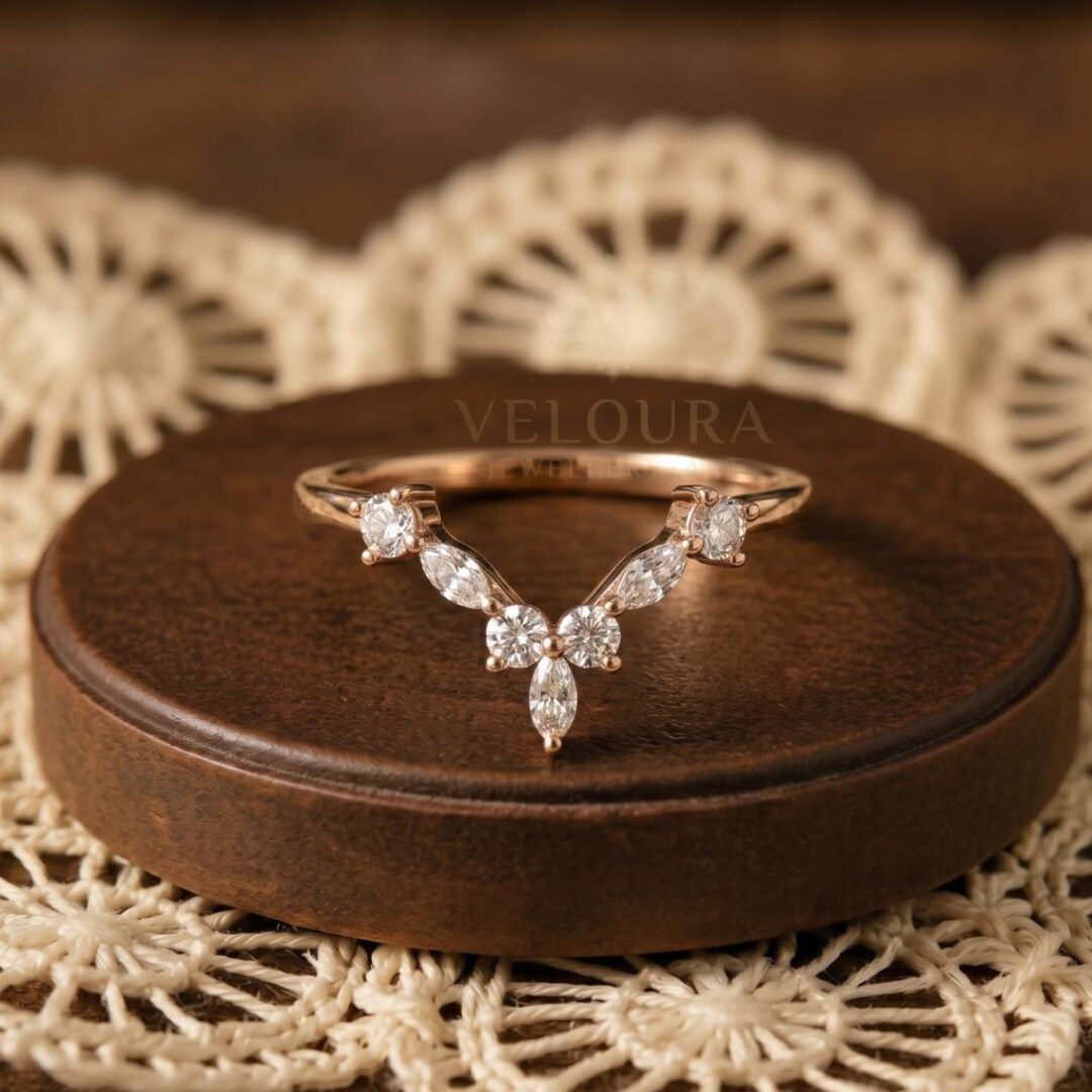 Marquise Cut Moissanite Diamond Wedding Band Vintage Unique Rose Gold ...