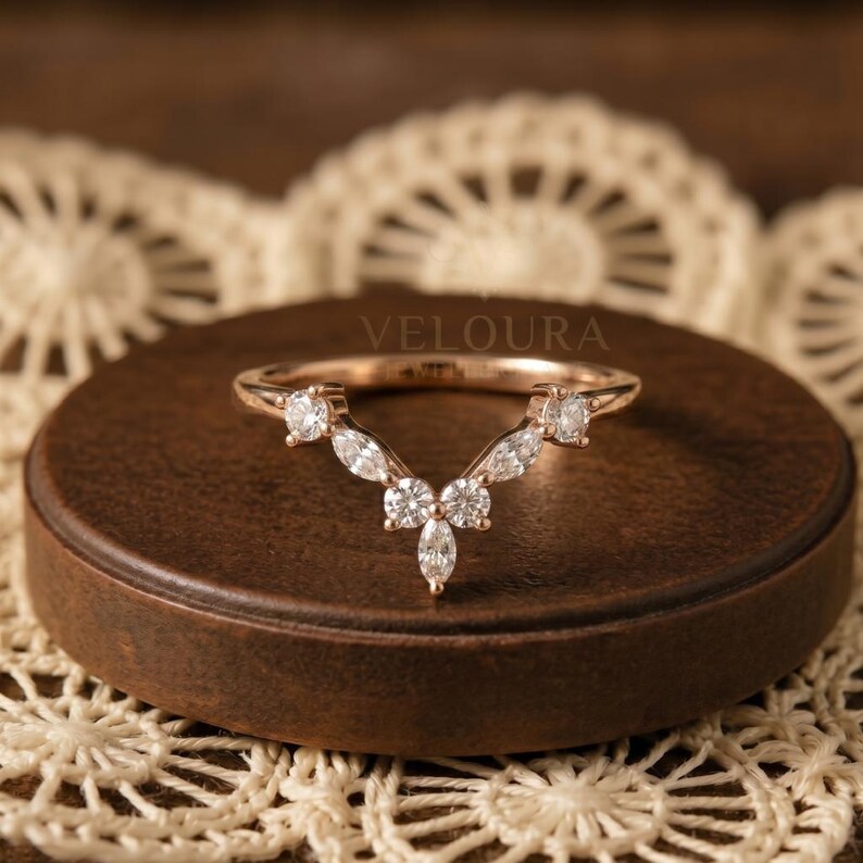 Marquise Cut Moissanite Diamond Wedding Band Vintage Unique Rose Gold ...