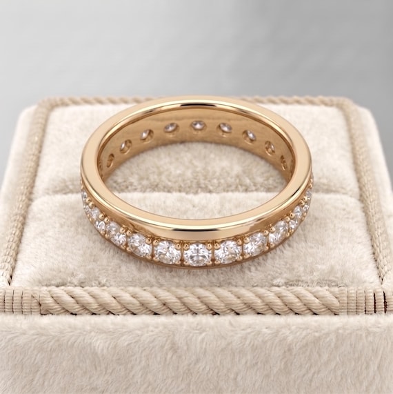 DE/VVS VS; 14K double-row wedding ring, with micro-set lab-grown diamonds, a wedding anniversary gift.