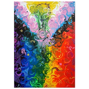 May include: Abstract art print with a vibrant rainbow color scheme. The artwork features swirling patterns and shapes in shades of red, orange, yellow, green, blue, and purple. The word "Love" is visible in the upper left corner.