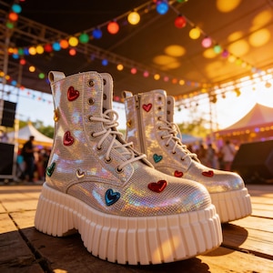May include: A pair of silver holographic platform boots featuring white laces and small, colourful heart-shaped embellishments in red, blue, and green. The boots have a thick, chunky white rubber sole with deep vertical grooves and a side zipper.