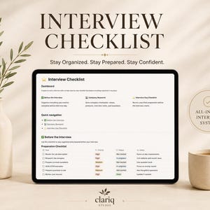 May include: A digital tablet displaying an Interview Checklist with sections for dashboard, company research, and preparation. The screen shows text including Interview Checklist, Stay Organized, Stay Prepared, Stay Confident, and All-in-One Interview System.
