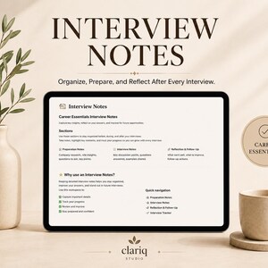 Op de afbeelding: Een digitale tablet met een sjabloon voor interviewnotities met secties voor voorbereiding, notities en reflectie. Het scherm toont tekst, waaronder Career Essentials Interview Notes, Why use an Interview Notes en Quick navigation.