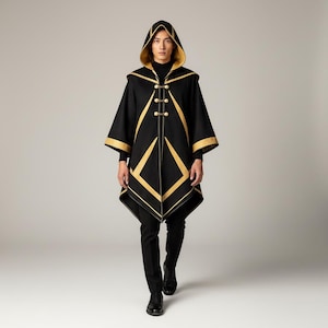 Black Gold Wizard Robe Cloak Hooded Cape, Medieval Sorcerer Costume, Fantasy Mage Outfit for LARP and Comic Con