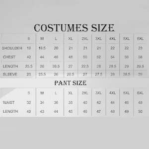 Puede incluir: Una tabla de tallas de disfraces, con medidas de hombro, pecho, largo y manga. La tabla tambi&eacute;n incluye medidas de talla y largo de pantal&oacute;n. Tallas que van de la S a la 6XL.