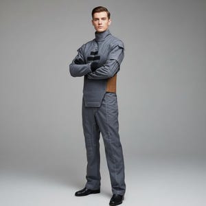 Może przedstawiać: Szary kombinezon z wysokim kołnierzem, czarnymi akcentami i brązowym paskiem. Str&oacute;j zawiera pasujące spodnie i czarne rękawiczki. Osoba nosi czarne buty. Og&oacute;lny styl sugeruje futurystyczny lub science-fiction.