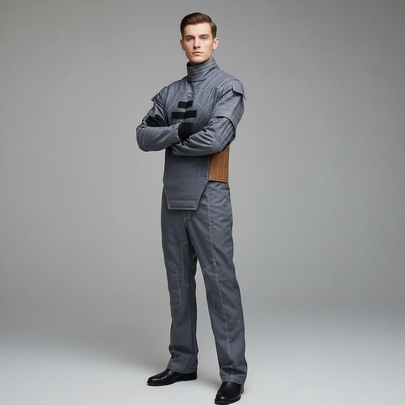 Może przedstawiać: Szary kombinezon z wysokim kołnierzem, czarnymi akcentami i brązowym paskiem. Str&oacute;j zawiera pasujące spodnie i czarne rękawiczki. Osoba nosi czarne buty. Og&oacute;lny styl sugeruje futurystyczny lub science-fiction.