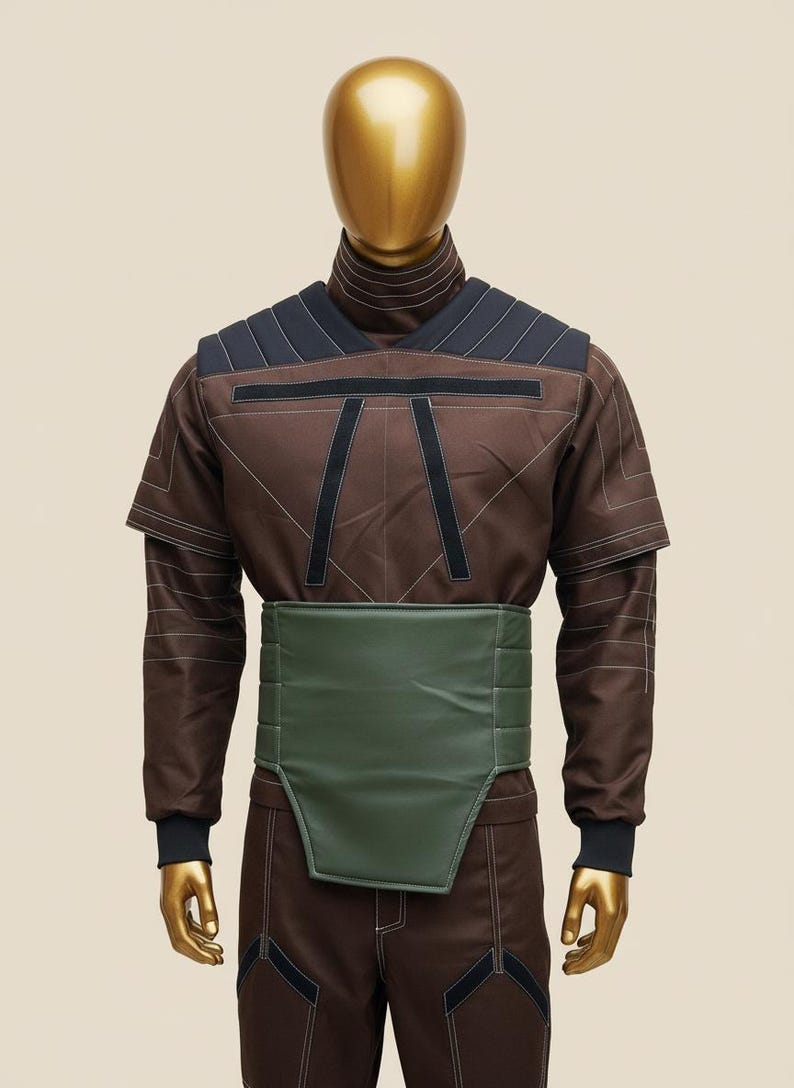 Puede incluir: Traje futurista marr&oacute;n y negro sobre un maniqu&iacute;. El traje presenta un cuello alto, mangas cortas y un cintur&oacute;n verde. El dise&ntilde;o incluye detalles en negro y costuras blancas.