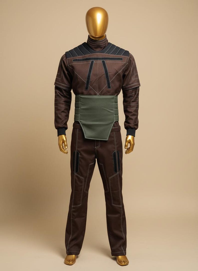 Puede incluir: Mono marr&oacute;n con detalles negros y costuras blancas, exhibido en un maniqu&iacute;. El conjunto incluye una parte superior de cuello alto, un cintur&oacute;n verde ancho y pantalones a juego. El maniqu&iacute; tiene cabeza y manos doradas.