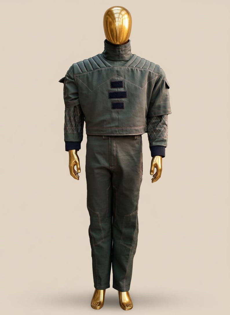 Puede incluir: Un conjunto de dos piezas verde oliva sobre un maniqu&iacute; dorado. La chaqueta tiene cuello alto, hombros acolchados y tres parches rectangulares negros. Los pantalones son verde oliva a juego con costuras visibles. El maniqu&iacute; tiene cabeza y manos doradas.