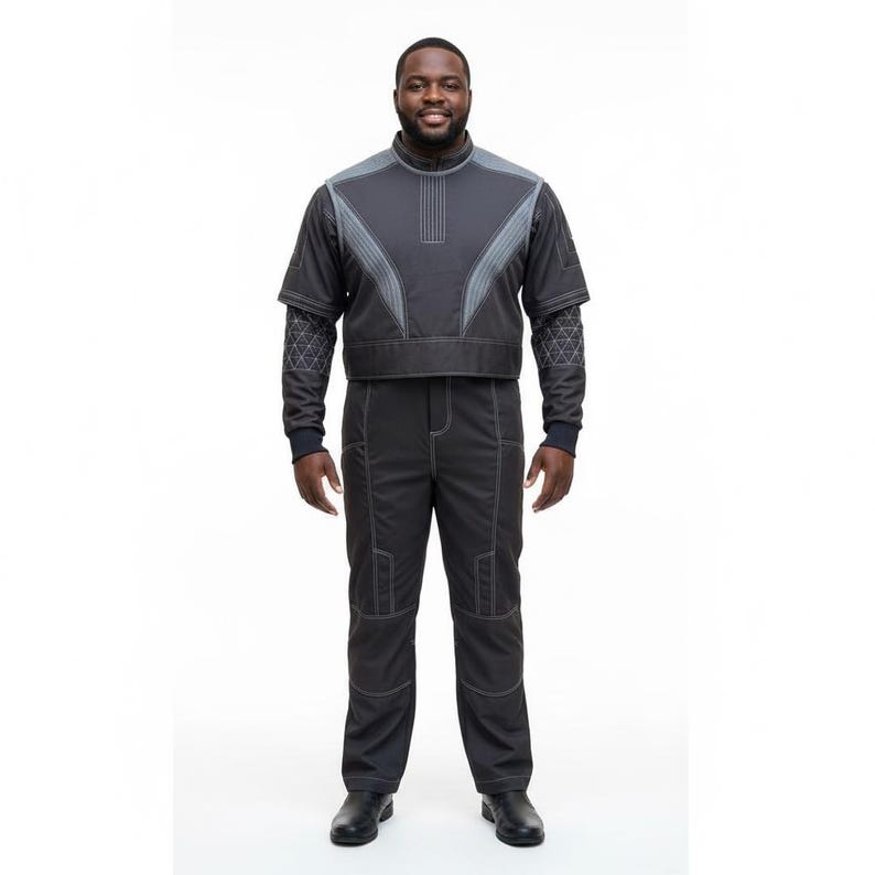 May include: A dark gray jumpsuit with a short-sleeved top and long pants. The top has gray accents and a high collar. The pants have white stitching and pockets. The sleeves have a geometric pattern. The person is wearing black shoes.