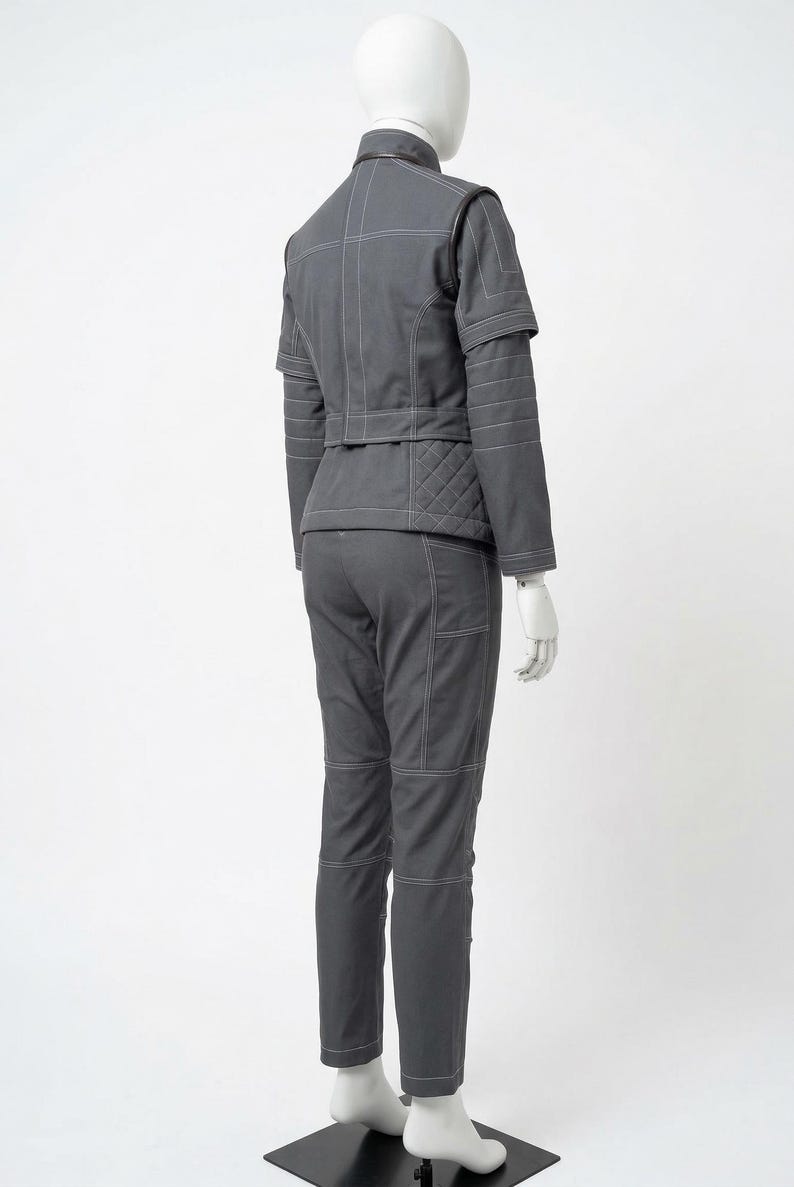 May include: A gray two-piece outfit on a mannequin. The jacket has white stitching and quilted detailing on the back. The pants have pockets and white stitching. The outfit is displayed on a black stand.