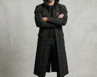 Black Trench Coat Hooded Tactical Coat Men | Long Techwear Overcoat, Futuristic Gothic Streetwear, Winter Cosplay Jacket