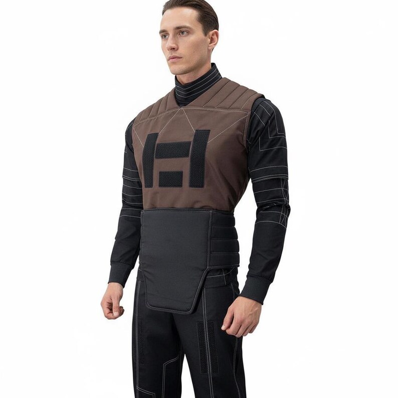 May include: A brown quilted vest with a black rectangular design on the front. The vest is worn over a black long-sleeved shirt and paired with black pants. White stitching accents the seams of the vest and shirt.