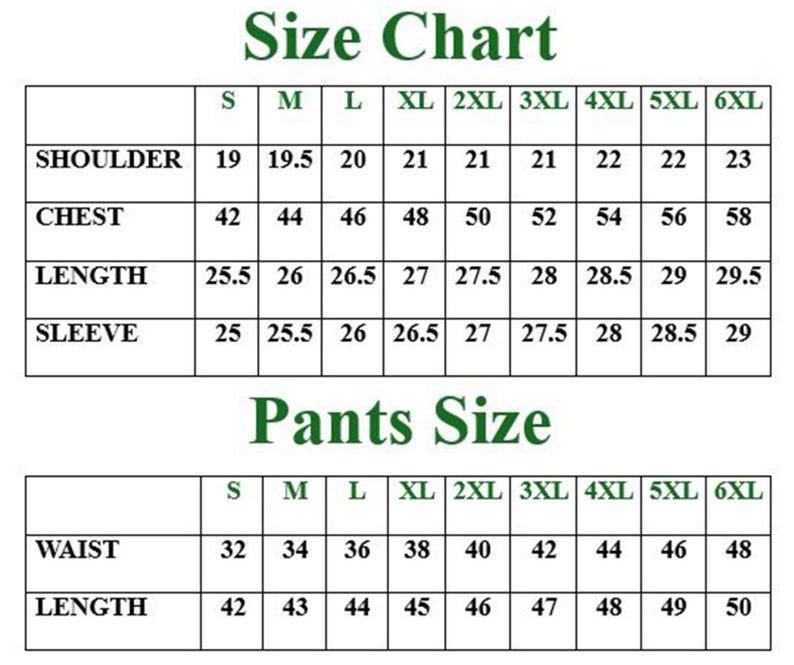 Puede incluir: Una tabla de tallas de ropa, con medidas para hombros, pecho, largo y manga, as&iacute; como cintura y largo de pantal&oacute;n. Las tallas van de la S a la 6XL. El texto "Size Chart" y "Pants Size" est&aacute;n en verde.