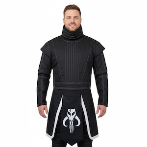 May include: Black costume with a high collar and white stitching details. The costume features a tabard with a white and black emblem. The sleeves have layered details. The costume is designed for cosplay or themed events.