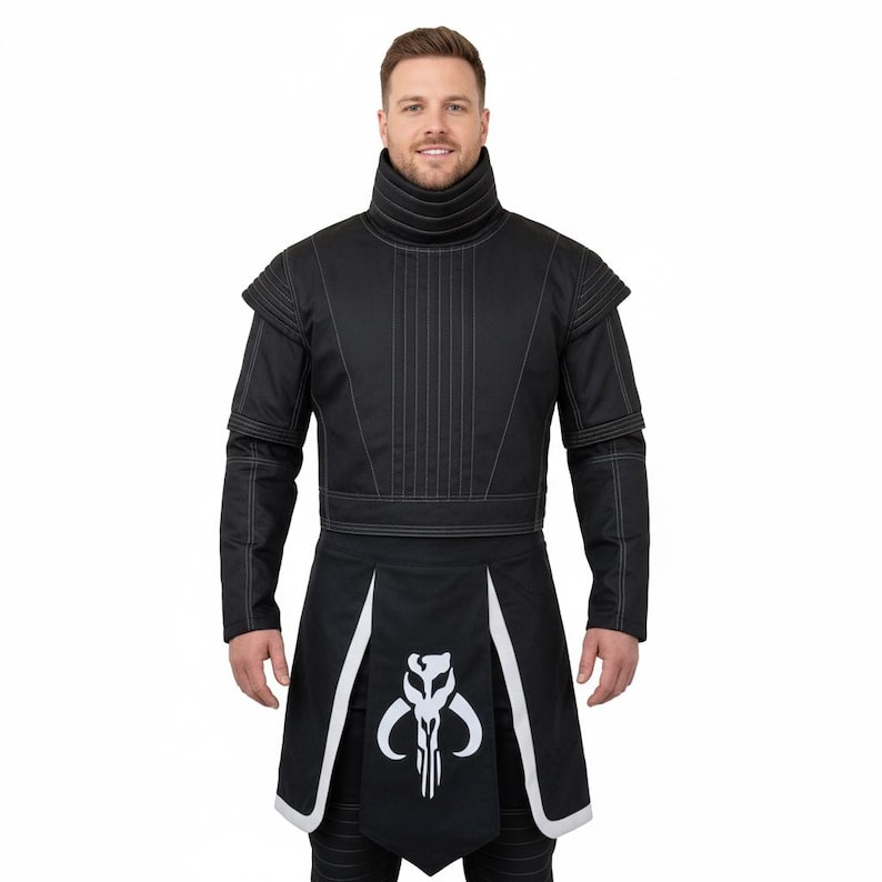 May include: Black costume with a high collar and white stitching details. The costume features a tabard with a white and black emblem. The sleeves have layered details. The costume is designed for cosplay or themed events.