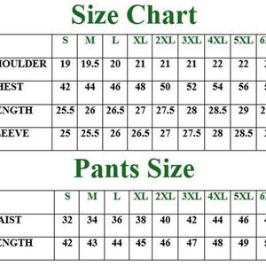 May include: Size chart for clothing, including shoulder, chest, length, and sleeve measurements in inches. Also includes pants size measurements for waist and length in inches. Sizes range from S to 6XL.
