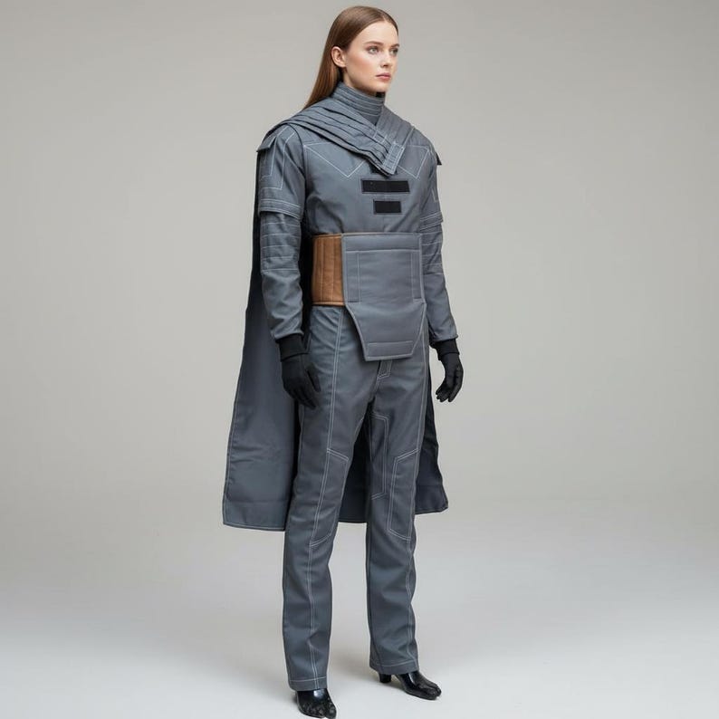 May include: A gray futuristic-style outfit with a high collar, cape, and pants. The outfit features white stitching, a brown belt, and black gloves. The model is wearing black shoes. The overall design suggests a sci-fi or cosplay theme.