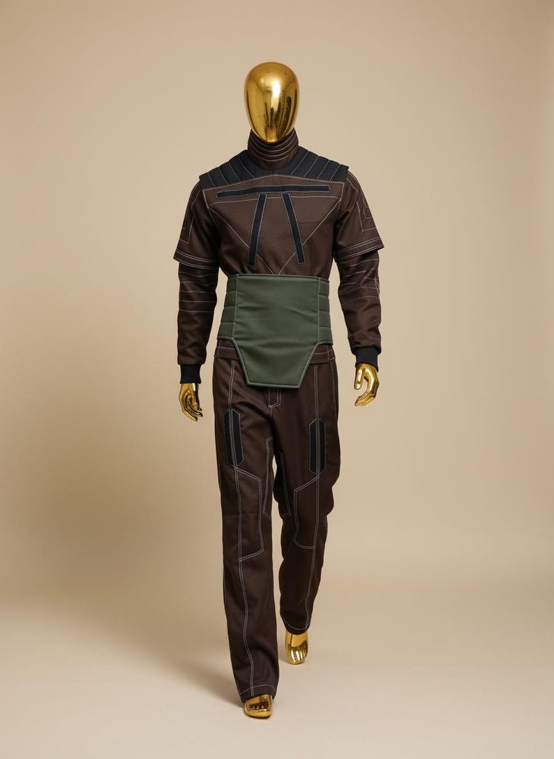 Puede incluir: Mono marr&oacute;n con detalles negros y costuras blancas, usado por un maniqu&iacute; con cabeza y manos doradas. El atuendo incluye un cuello alto, una faja verde y pantalones a juego. El maniqu&iacute; lleva zapatos dorados.