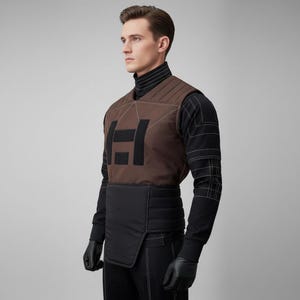 May include: A brown quilted vest with a black graphic and a black waist panel. The vest is worn over a black long-sleeve shirt with white stitching details. The person is wearing black gloves and pants.