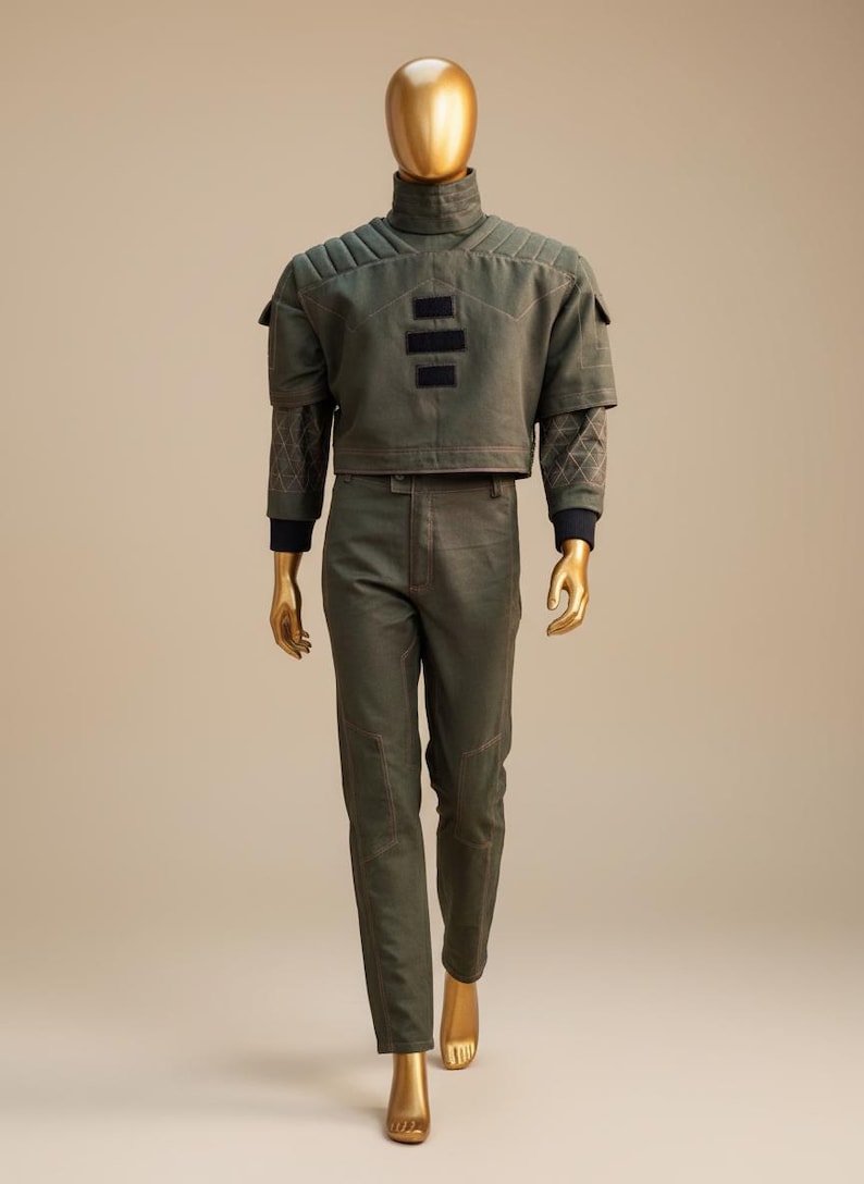 Puede incluir: Un conjunto verde de dos piezas sobre un maniqu&iacute;. La parte superior es una chaqueta corta con cuello alto y detalles negros. Los pantalones son de corte recto con costuras a juego. El maniqu&iacute; es de color dorado.