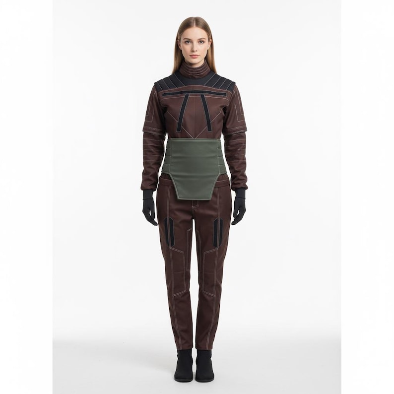 Peut inclure: Combinaison marron avec des d&eacute;tails noirs et une ceinture verte. La tenue a un col montant et des manches longues. Le mod&egrave;le porte des gants et des bottes noirs. La combinaison a un design futuriste.