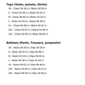 May include: A white US size chart with black text. The chart details measurements for tops and bottoms, including chest, waist, and hip sizes in inches, ranging from XS to 3XL. The chart is for vests, jackets, shirts, pants, trousers, and jumpsuits.