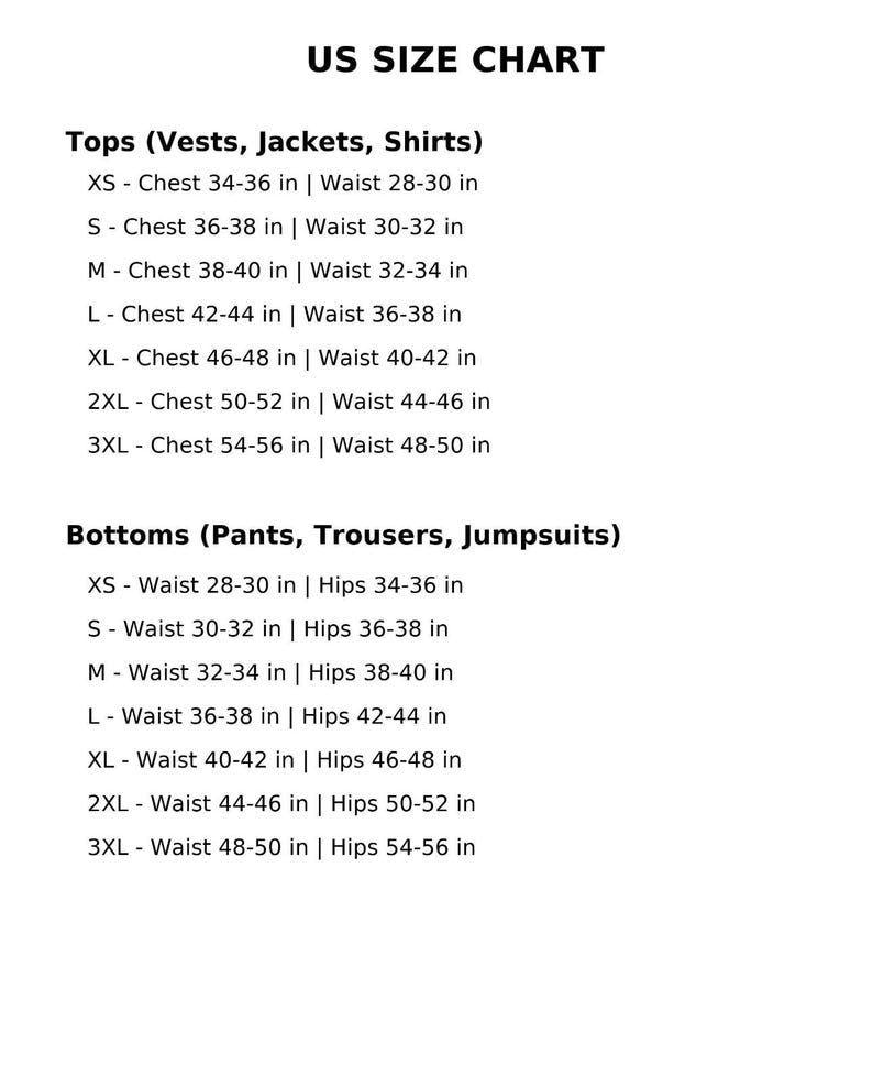 May include: A white US size chart with black text. The chart details measurements for tops and bottoms, including chest, waist, and hip sizes in inches, ranging from XS to 3XL. The chart is for vests, jackets, shirts, pants, trousers, and jumpsuits.