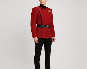 Trek Inspired Red Command Officer Uniform, Retro Sci Fi Cosplay Costume Jacket Pants
