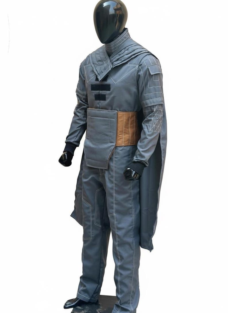 May include: A gray costume displayed on a mannequin. The outfit includes a long-sleeved top with geometric accents, matching pants, and a brown belt. The costume has a cape-like element and is likely for cosplay or a themed event.
