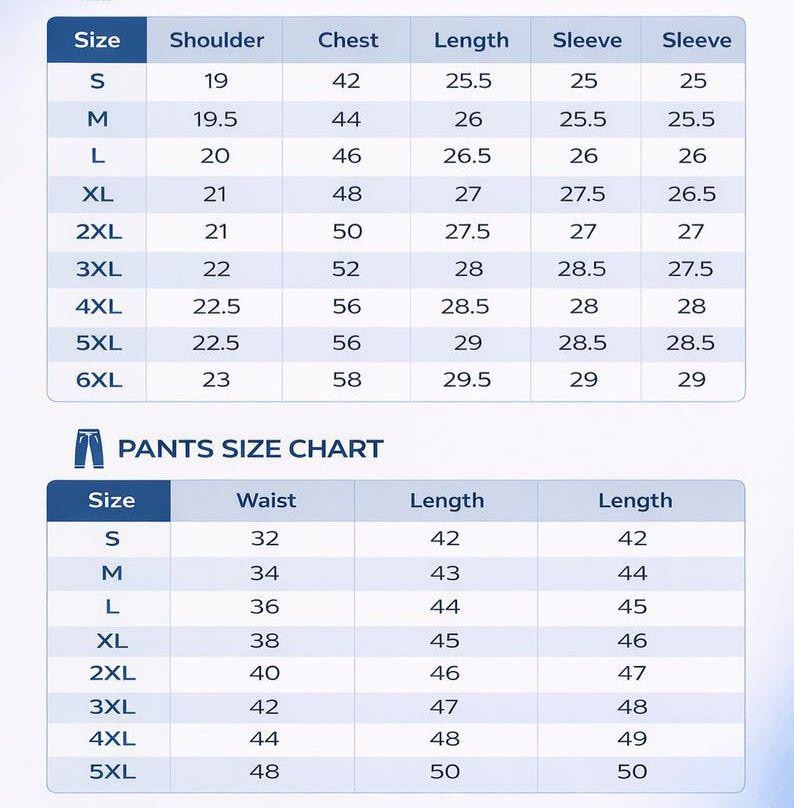 May include: A size chart for clothing, including measurements for shoulders, chest, length, and sleeves. The chart also includes a pants size chart with waist and length measurements. Sizes range from S to 6XL.