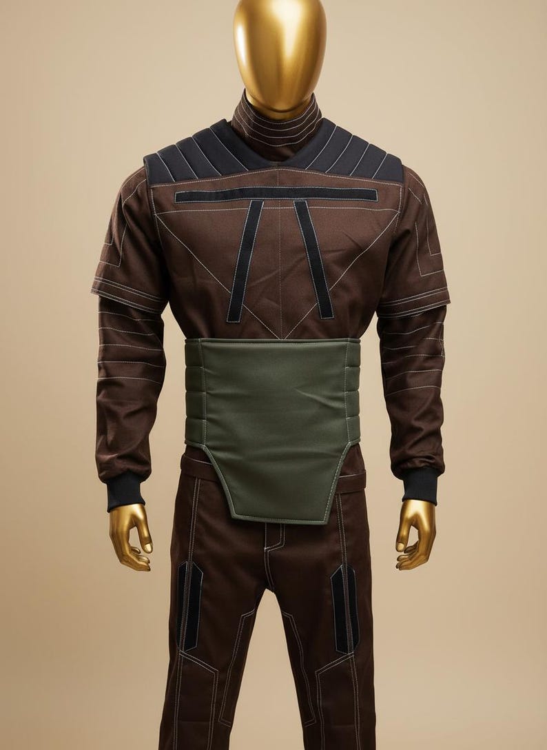 Puede incluir: Mono marr&oacute;n con detalles negros y costuras blancas, exhibido en un maniqu&iacute; con cabeza dorada. El atuendo presenta un cuello alto, hombros acolchados y un cintur&oacute;n verde. Los pantalones tienen paneles negros.