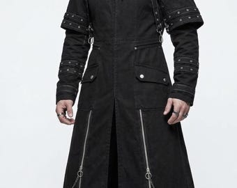 Schwarzer Gothic Kapuzen Trenchcoat - Techwear Cyberpunk Harness Jacke, Festival Cosplay Langer Mantel