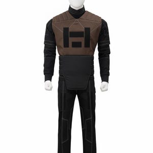 May include: A full black tactical uniform on a mannequin. The uniform includes a brown vest with a black emblem, a black long-sleeve shirt, black pants with white stitching, and a black belt.