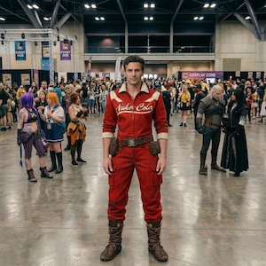 Puede incluir: Una persona con un mono rojo con el texto "Nuka-Cola" en el pecho, de pie en un salón de convenciones. El mono tiene un cinturón y bolsillos marrones. La persona lleva botas marrones. Otros cosplayers están en el fondo.