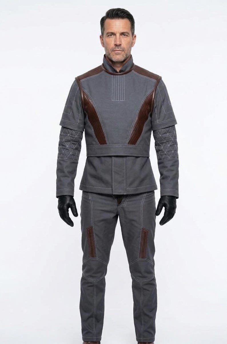 May include: A gray outfit with brown leather accents. The jacket has a high collar and quilted sleeves. The pants have brown leather patches on the knees. The person is wearing black gloves. The outfit is a futuristic design.
