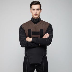 May include: A brown quilted vest with black accents and a black long-sleeved shirt. The vest has a geometric design with visible stitching. The model is wearing a black turtleneck and black pants. The overall style is futuristic and modern.