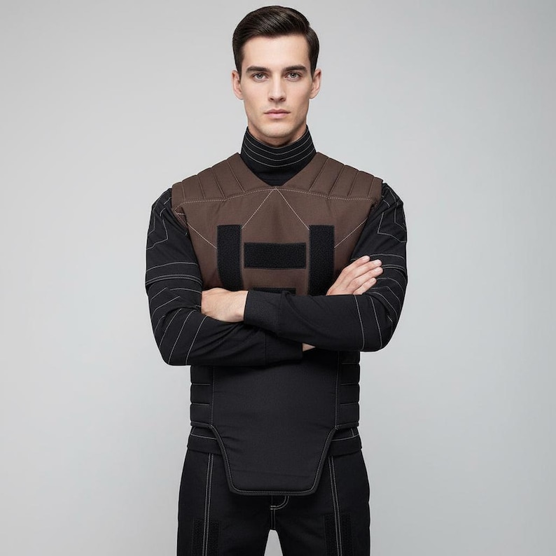 May include: A brown quilted vest with black accents and a black long-sleeved shirt. The vest has a geometric design with visible stitching. The model is wearing a black turtleneck and black pants. The overall style is futuristic and modern.