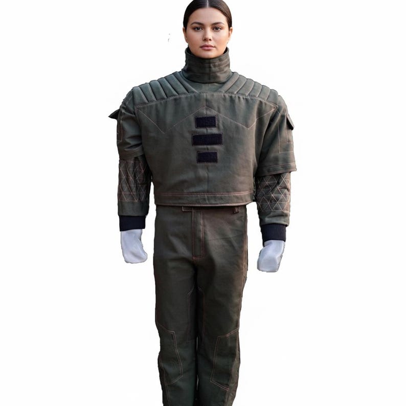 Puede incluir: Mono verde oliva con cuello alto y detalles acolchados en los hombros. El atuendo presenta detalles en negro y un dise&ntilde;o de chaqueta corta. Las mangas tienen un patr&oacute;n acolchado y los pantalones costuras visibles. Guantes blancos.