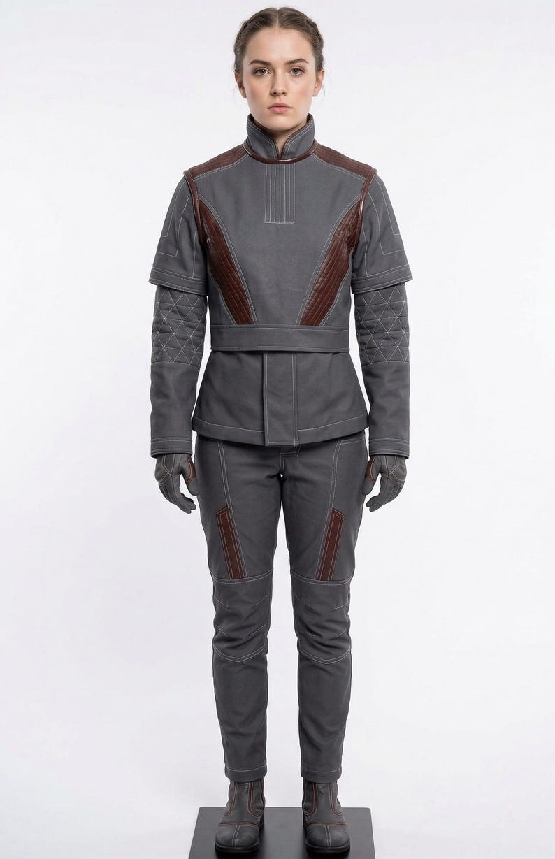 May include: A gray jumpsuit with brown accents, featuring a high collar and quilted sleeves. The outfit includes matching gloves and pants with brown details. The overall design suggests a futuristic or tactical theme.