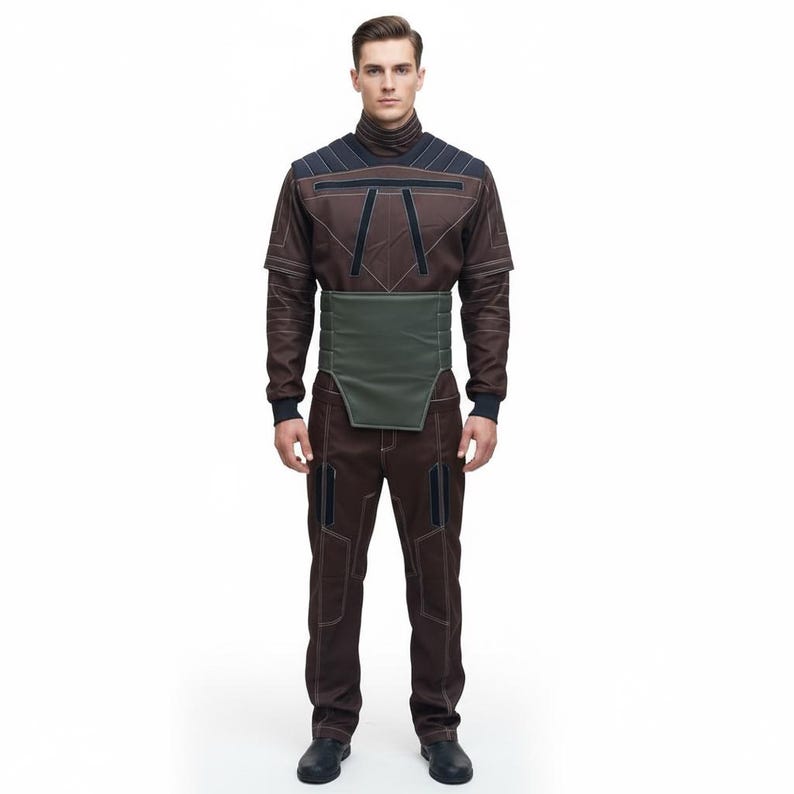 Puede incluir: Un mono futurista marr&oacute;n y negro con cuello alto, detalles en los hombros y una faja verde. Los pantalones tienen bolsillos con detalles negros. El atuendo se usa con zapatos negros.