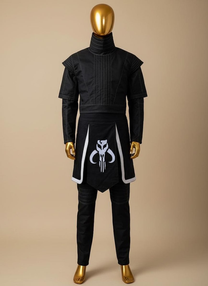 May include: Black costume with white accents, displayed on a mannequin. The outfit includes a high-collared top, short-sleeved jacket, and pants. A black apron with a white emblem is also part of the ensemble. The mannequin has a gold head and hands.