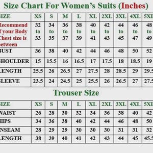 Pode incluir: Uma tabela de tamanhos para fatos femininos, exibindo medidas em polegadas. O gr&aacute;fico inclui medidas de busto, ombros, comprimento e mangas para tamanhos XS a 5XL. Os tamanhos de cal&ccedil;as para cintura, quadris, entrepernas e comprimento tamb&eacute;m s&atilde;o fornecidos.