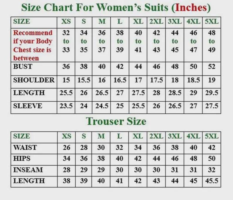 Pode incluir: Uma tabela de tamanhos para fatos femininos, exibindo medidas em polegadas. O gr&aacute;fico inclui medidas de busto, ombros, comprimento e mangas para tamanhos XS a 5XL. Os tamanhos de cal&ccedil;as para cintura, quadris, entrepernas e comprimento tamb&eacute;m s&atilde;o fornecidos.