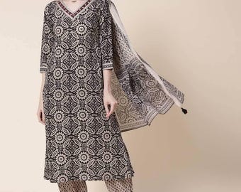 Cotton Ajrakh Salwar Suit, Three Piece Printed Kurta Set, Afghani Harem Pants with V-Neck Embroidered Kurti, Brown Casual Modest Outfit