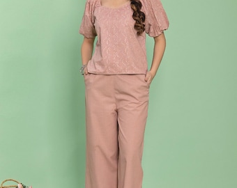 Pink Two Piece Co-ord Set, Hakoba Top with Pants, Cotton Shirt with Formal Trousers, Schiffli Square Neck Balloon Top, Women Workwear Outfit
