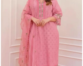 Women Pink Schiffli Kurta Set, Embroidered Cotton Salwar Suit, Kurti with Designer Pant and Dupatta, 3 Piece Laced Hakoba Pakistani Suit