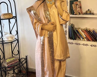 Peach Farshi Salwar Kameez Suit, Sequin Laced Eid Outfit, Three Piece Silk Dress with Dupatta, Minimalist Wedding Kurta Set for Women