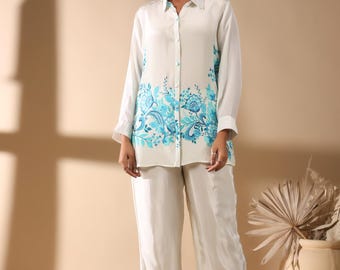 Pearl White Printed Co-ord Set, Abstract Floral Print Outfit, Collared 2 Piece Formal Dress, Shiny Crepe Shirt with Pants, Button Up Top Set
